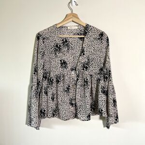 Millibon Women's Cheetah Print Blouse Top Size Small Peplum Babydoll Bell Sleeve